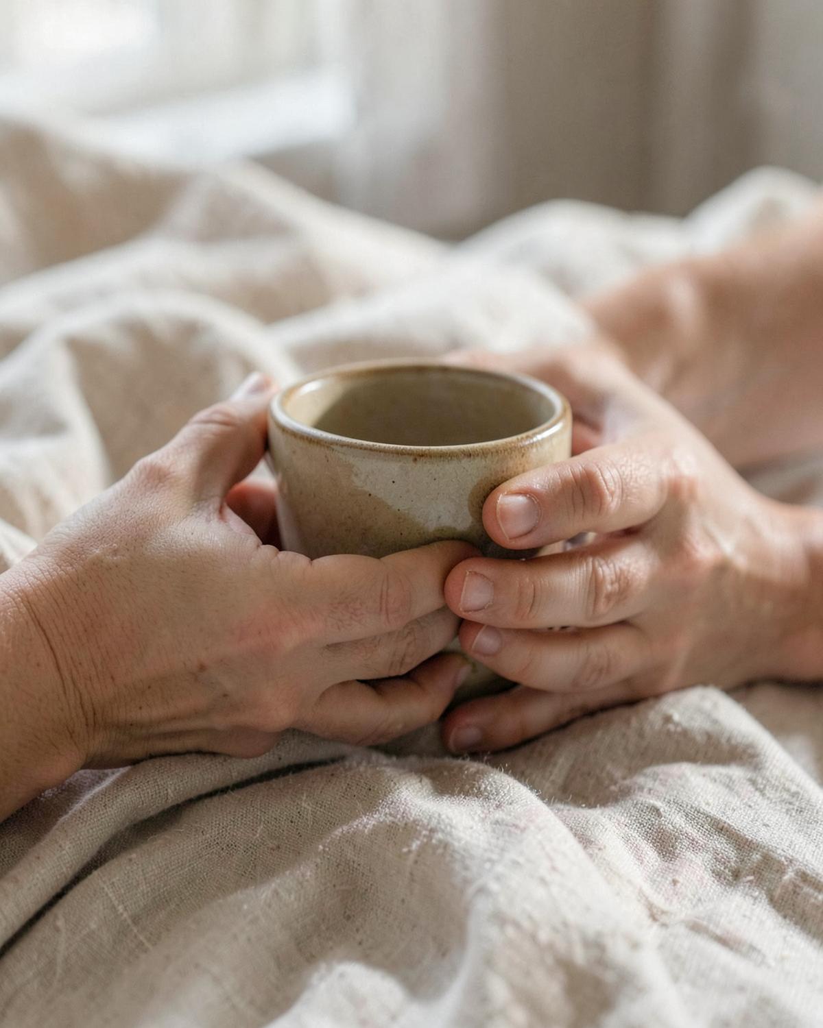 Manos sosteniendo una taza, símbolo de un espacio de calma en psicoterapia